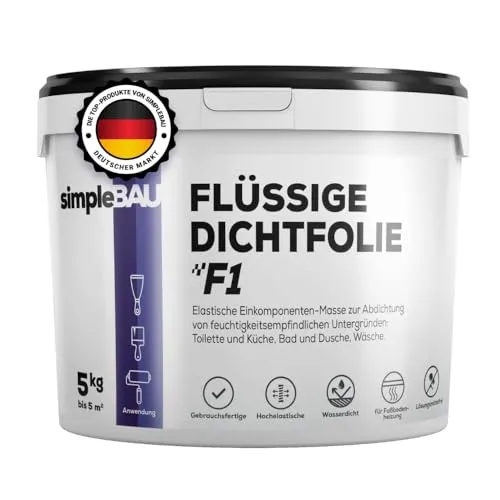 simpleBAU Dichtmasse Wasserdicht F1 - Abdichtmasse für Dusche & Bad - Flüssigfolie für Fliesen & Fußbodenheizung - Flüssige Dichtfolie Lösemittelfrei - Einkomponente Abdichtung Dichtungsmasse - 5 kg