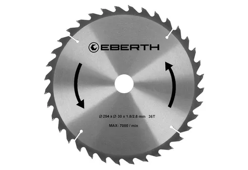 EBERTH Kreissägeblatt aus Stahl mit Hartmetall-Zähnen 254mm Durchmesser, 30mm Bohrung, 1.8mm Blättstärke, 2.8mm Schnittbreite, 36 Zähne, RPM Max. 7000