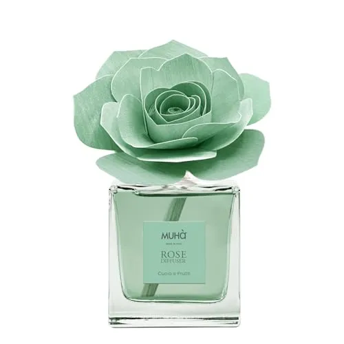 MUHA' | Raumduftspender Rosa Diffuser, Duft Cuoio e Frutti, Raumduftspender mit Rose aus Birkenholz, 100 ml Format.
