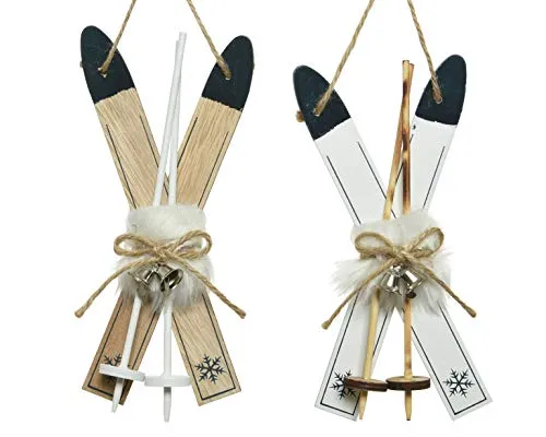 dekorativer Baum-Anhänger Ski aus Holz bemalt als 2er Set