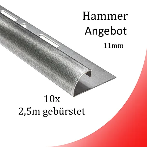 10x Edelstahl Fliesenschiene Viertelkreis 25m 11mm gebürstet - Hochwertige Fliesenschiene aus massivem Edelstahl, ideal für moderne Anwendungen. Mit gebürstetem Finish und robuster Bauweise sorgt sie für eine elegante und langlebige Kante.