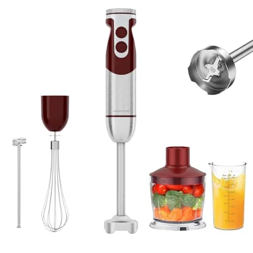 MegaWise 5-in-1 Stabmixer-Set, 400W Stabmixer mit variabler Geschwindigkeitsregelung, inklusive Schneebesen, Milchaufschäumer, Zerkleinerer und Messbecher für Smoothies, Suppen und Babynahrung – Rot