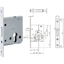 Riegelschloss 143, PZ DM 70mm, eckiger Stulp 170x20x3mm, Silber