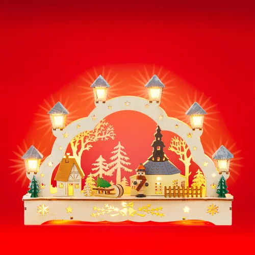 SIKORA Schwibbogen LB70s – LED Holz Schwibbogen Dorfkirche 27 cm - Schwibbogen aus Holz mit LED-Beleuchtung, ideal für Fenster oder als Geschenk. Batteriebetrieben oder per Trafo anschließbar, dekoriert mit beleuchteten Häuschen und Figuren.