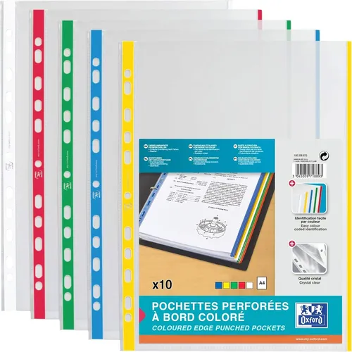 Oxford Prospekthülle DIN A4 mit farbigem Rand PP 0,09 mm farbig sortiert 10 Hüll