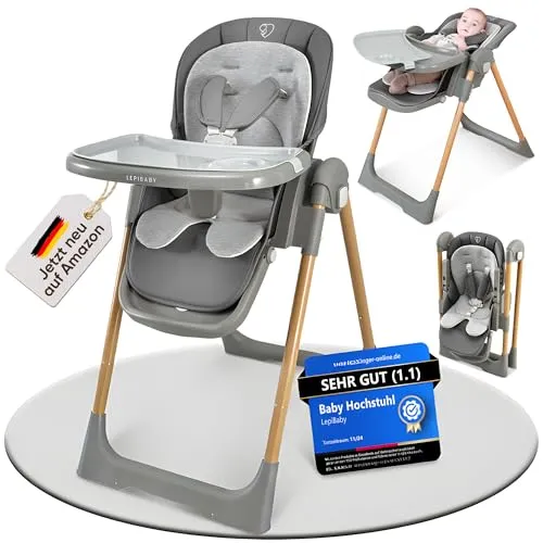 LepiBaby FlexiCo Hochstuhl Baby mit Liegefunktion & Neugeborenenaufsatz, Klappbar & Höhenverstellbar | Kinderstuhl Kinderhochstuhl Babystuhl | Mitwachsend Kind ab Geburt, 1-3 Jahre | Grau