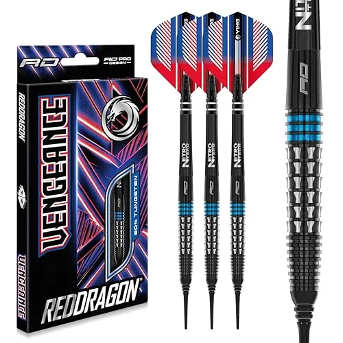 RED DRAGON Vengeance Blue 20 Gramm Premium Wolfram Softip Dart Set mit Flights und Schäften