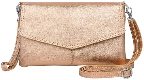Caspar Elegante Leder Clutch - Premium Line No.322, roségold metallic - Damen-Clutch aus hochwertigem, italienischem Nappaleder. Zeitloses Design mit viel Platz für Essentials, ideal für elegante Events. Flexibel tragbar als Clutch oder Umhängetasche.