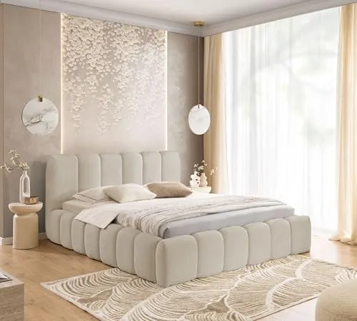 FURNISTAR Polsterbett MIA mit Bettkasten, Bett 120x200, Bubble Bett, Doppelbett mit Stauraum und Lattenrost, Boxspringbett-Optik, ohne Matratze, Schlafzimmer - Beige