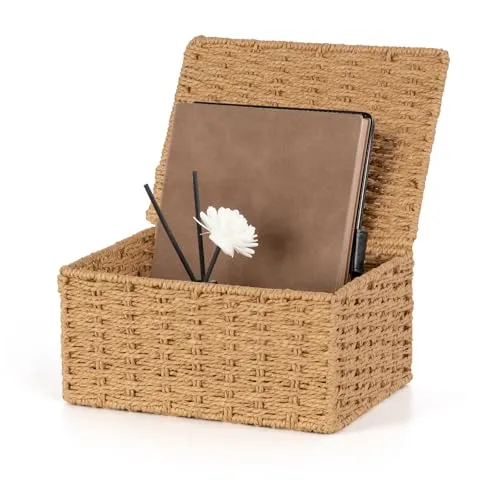 Aevcvok Aufbewahrungskorb mit Deckel,Körbchen Handgewebt Aufbewahrung Korb Papierseil Boho-Decor Körbchen, Multifunktionale Korb Geflochten für Badezimmer, Make-up,Tischplatten,Schrank