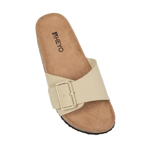 HEYO Pantoletten Damen Sandalen Bequeme Hausschuhe Kork Badelatschen mit verstellbaren Riemen (Beige, EU Schuhgrößensystem, Erwachsene, Numerisch, M, 39)
