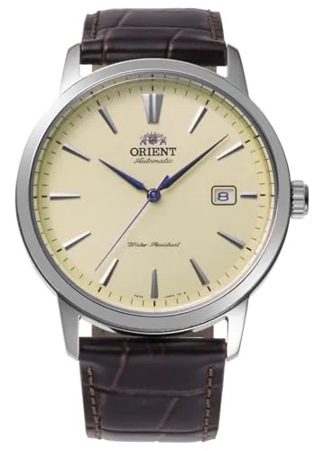 Orient Bambino RA-AC0F16S30B Automatik-Herrenuhr – exklusiv europäisch, Saphirglas, weißes Zifferblatt, Edelstahlgehäuse, Lederarmband, 41,6 mm, Ausstellungsgehäuseboden