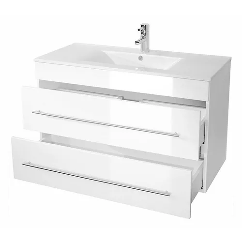 Lomadox Waschtisch Infinity 1000 OPHELIA in Hochglanz Weiß - Eleganter Waschtisch mit Mineralgussbecken, 2 Softclose Schubladen und wasserabweisenden Oberflächen – ideal für stilvolle Badezimmer.