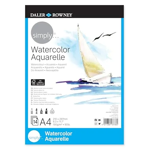 Daler-Rowney, Simply, Aquarellblock, Mittlere Körnung, 190g/m², 14 Seiten, A4 Vollformat 21 x 29.7cm