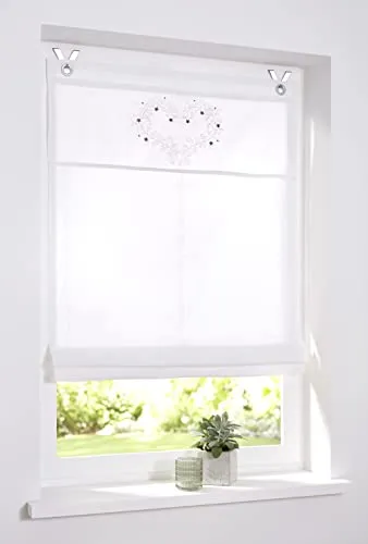 Raffrollo Ösenrollo Svea Weiss - Romantisches Ösen Raffrollo im Landhausstil, 100% Baumwolle, halbtransparent und waschbar. Einfache Montage ohne Schrauben – ideal für eine gemütliche Fensterdekoration.