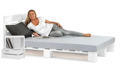 Lermowood Palettenbett M1 aus Holz 240 x 200 cm Weiß mit Kopfteil Holzbett 20cm Stabiles Seniorenbett Kinderbett Jugendbett Gästebett erhöhtes Einzelbett Bettgestell Futonbett Komforthöhe Naturholz