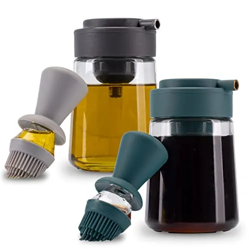 Fino Casa 2er Set 3in1 Ölflasche mit Pinsel und Ausgießer - Praktisches 2er Set Ölflaschen (350ml) mit Silikonpinsel und Ausgießer für präzises Dosieren von Öl, Essig und Marinaden – ideal für Grillen und Kochen.