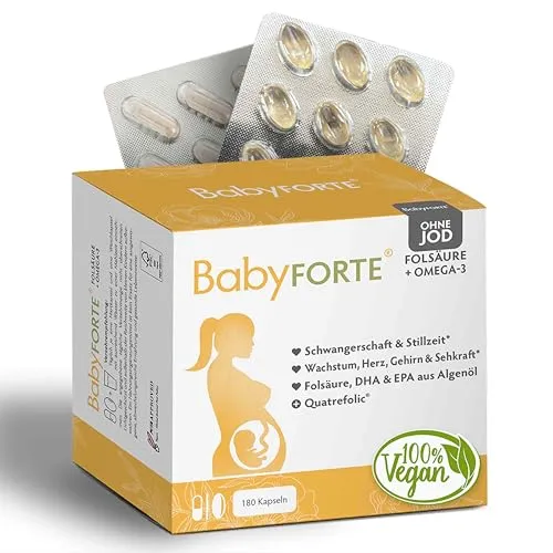 BabyFORTE® Folsäure ohne Jod + Omega-3 vegan mit Algenöl | 17 Schwangerschaftsvitamine ohne Jod + Quatrefolic® | 180 Kapseln | ab 1. Trimester