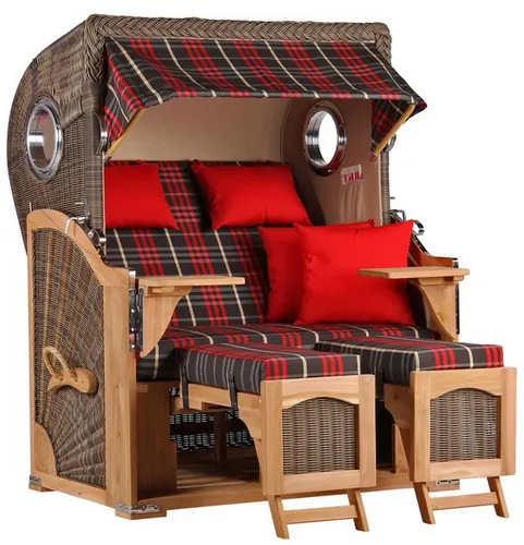 MR.DEKO Strandkorb Düne Bullauge Teak PE Grey - Strandkorb aus hochwertigem Teakholz und PE-Geflecht, ideal für entspannte Stunden zu zweit mit ausziehbaren Fußstützen und luxuriöser Polsterung.