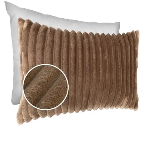 Dekokissen Kissenbezug Sofakissen Pillow Plüsch Kuschelkissen Zierkissen Cord Kissen Couchkissen Kord Kissenhülle ultraweich gestreift Lilli 30x50cm mit Füllung Beige