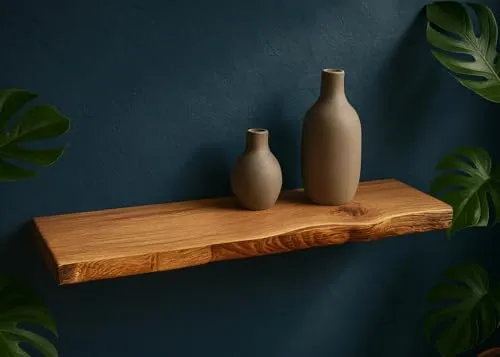 Living Oak Wandregal Eiche No.3, Schwebendes Wandregal, Massivholz Eiche, Wandmontage, für Wohnzimmer Küche Schlafzimmer, 20-25cm Tiefe, Verschiedene Längen (50 x 25 cm)