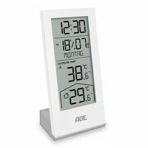 ADE Funkraumthermometer mit Außensensor - Präzises Raumthermometer mit Außensensor, Uhrzeit und ausgeschriebenem Wochentag. Inkl. 4 AAA Batterien, ideal zur Überwachung von Innen- und Außentemperaturen.