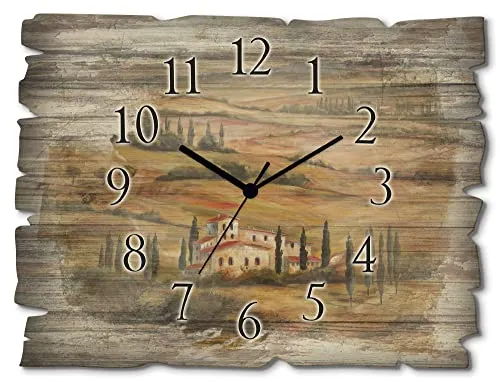 ARTLAND Wanddeko Wanduhr ohne Tickgeräusche aus Holz Funk Uhr lautlos Rechteckig 40x30 cm Landschaft Toskana Berge Tal Haus Kirche Felder Zypressen Mediterran Rustikal A5DM
