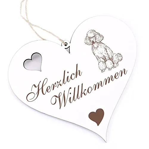 Herzlich Willkommen Schild - sitzender Pudel - Deko Herz Holz Willkommensschild Türschild Dekoschild Türdeko