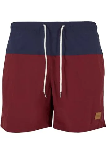 Urban Classics Herren Block Swim Shorts – Badeshorts mit Kordelzug & Taschen, schnelltrocknend, ideal für Strand, Pool & Urlaub,NVY/Burgundy,XL