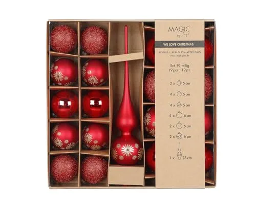 MAGIC by Inge - Weihnachtskugeln Set 19-teilig Merry Red - Weihnachtsbaumkugeln, luxuriöses Set mit 18 Glas-Kugeln und einer Christbaumspitze in festlichem Rot, ideal für eine glamouröse Weihnachtsdeko.