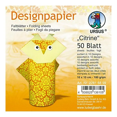 Ursus 22816899 - Designpapier Citrine, 50 Blatt in 10 verschiedenen Motiven, ca. 10 x 10 cm, 100 g/qm, beidseitig bedruckt, ideal zum Falten von kreativen Origami Tieren