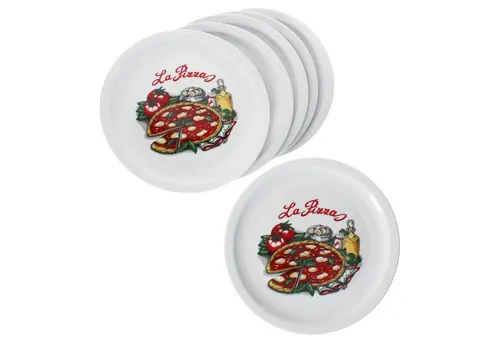 MamboCat 6er Set La Pizza Pizzateller - Ø 30,5 cm für 6 Personen - Pizzateller aus robustem Porzellan mit ansprechendem Pizza-Dekor, ideal für große Pizzen oder als Servierplatte für Fingerfood. Spülmaschinengeeignet und platzsparend stapelbar.