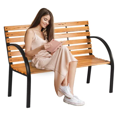 Holz Gartenbank, Metall Parkbank mit Rückenlehne - Stilvolle Gartenbank aus Holz und Metall, ideal für Parks und Gärten, mit bequemer Rückenlehne für entspanntes Sitzen.