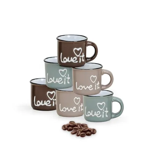 Süße Espressotassen 6er Set mit Spruch in Email Optik grau, beige, braun