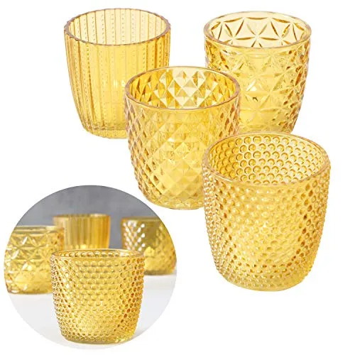 LS-LebenStil 4X Glas Teelichthalter Retro Gelb 7cm 4´er Set Kristall Ornament Teelicht-Gläser Windlicht-Halter Kerzenständer Tischdeko Kerzen Deko Kerzenhalter für Teelichter Hochzeit