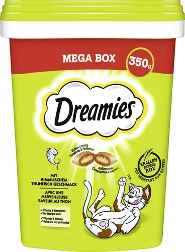 Dreamies Katzensnack Thunfisch Geschmack Mega Box 700g - Leckerer Katzensnack mit Thunfisch-Geschmack für ausgewachsene Katzen und Kätzchen ab 8 Wochen. Ideal als knusprige Belohnung mit cremiger Füllung. Perfekt für verwöhnte Schmusetiger!