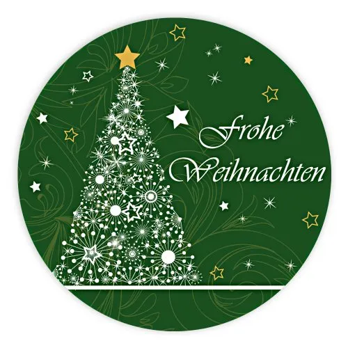 Weihnachtsaufkleber Weihnachtssticker Frohe Weihnachten mit Tannenbaum rund Ø 30 mm, 100 Stück auf Rolle, Haftpapier glänzend