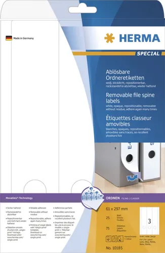 Herma 10185 ablösbar blickdicht Ordneretiketten 6.1x29.7 cm (25 Blatt (75 Etiketten))
