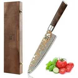 ZAYIKO Universalküchenmesser MysticMagma 20 cm - Hochwertiges Kochmesser mit 20 cm Klinge aus 67 Lagen Damaststahl und einzigartiger Kupfer-Bronze-Einlage. Ideal für präzise Schneidarbeiten in der Küche, perfekt für Design- und Qualitätsliebhaber.