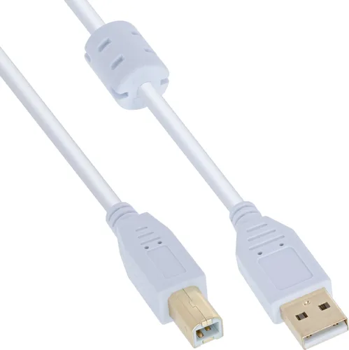 InLine USB 2.0 Kabel, A an B, weiß / gold, mit Ferritkern, 3m, 3 m, USB A, USB B, Stecker/Stecker, 0,48 Gbit/s, Weiß