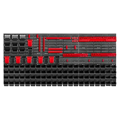KADAX Werkzeugwandregal Groß, 174x78cm Lagersystem aus robustem Kunststoff, UV-Resistentes Modul-System, Erweiterbare Wandplatten, Werkstattregal für Garage (Rot&Schwarz, 130 TLG.)