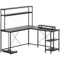 Costway L-förmiger Gaming Schreibtisch Schwarz mit LED - Stylischer L-förmiger Schreibtisch mit integriertem LED-Streifen und praktischen Ladestationen. Ideal für Gamer und Home-Office, bietet er viel Stauraum und organisiert Ihre Ausrüstung effizient.