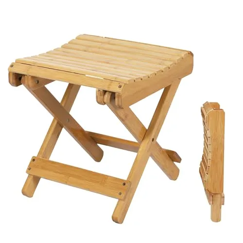 Spetebo Bambus Klapp Sitzhocker eckig Natur - 28 x 28 cm - Holz Deko Hocker klappbar - Universal Klappstuhl Falthocker Sitzgelegenheit für Küche Bad Flur