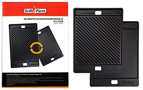 Grillfürst Universal Gusseisenplatte Grill 45,1 x 29,5 cm - Massive Gusseisen Grillplatte mit großen Griffen, Gussplatte beidseitig verwendbar, für Napoleon Rogue 425, 525 (ab 2020) und 625