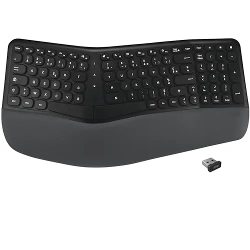 APM Ergonomische Tastatur, kabellos, Empfänger 2,4 GHz, integrierte Handgelenkauflage, französische AZERTY-Tastatur, zweiteiliges Design, kompatibel mit PC Mac Laptop, 100043
