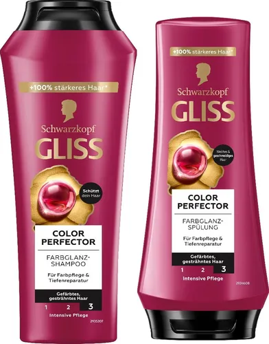 GLISS Shampoo Color Perfector 250ml & Spülung 200ml - Shampoos für coloriertes Haar, schützt die Farbintensität und sorgt für strahlenden Glanz.