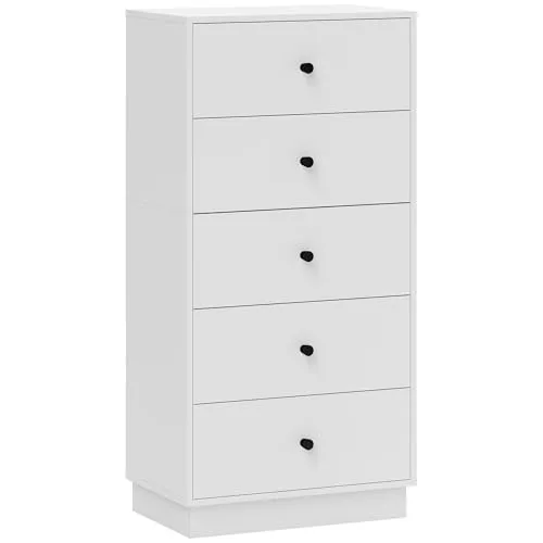 Homcom Kommode Weiß, 5 Schubladen - Moderne Kommode für Wohnzimmer und Flur mit 5 großen Schubladen zur ordentlichen Aufbewahrung. Robuste Bauweise und elegantes Design in Weiß mit schwarzen Griffen.