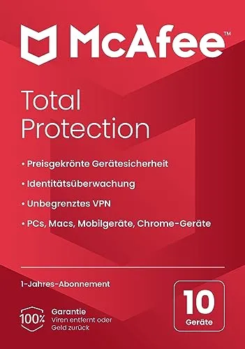 McAfee Total Protection 2023 | 10 Gerät | Virenschutz- und Internet-Sicherheitssoftware | VPN, Kennwort-Manager und Dark Web-Überwachung | PC/Mac/Android/iOS | 1-Jahres-Abonnement | Zustellung per Post