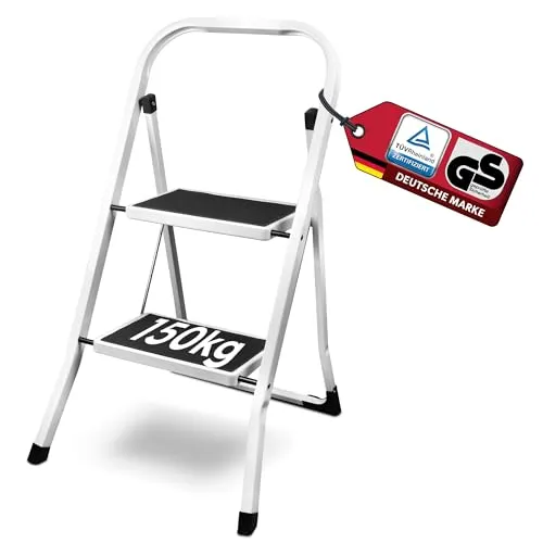 siwitec Klapptritt aus Stahl, Weiss - 2 Stufen mit Anti-Rutschmatten - Klappstufen mit TÜV/Gs Zertifikat, platzsparend und bis 150 kg belastbar. Ideal für sicheren Zugang in jedem Haushalt.