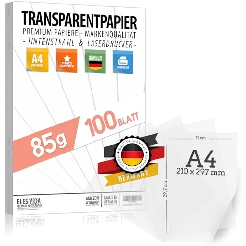 Transparentpapier Bedruckbar Weiß DIN A4-100 Blatt 85 g/m² - Pergamynpapier - Pergamentpapier Transparenzpapier - Zeichnen Pauspapier Laternenpapier - Für Laternenzuschnitte